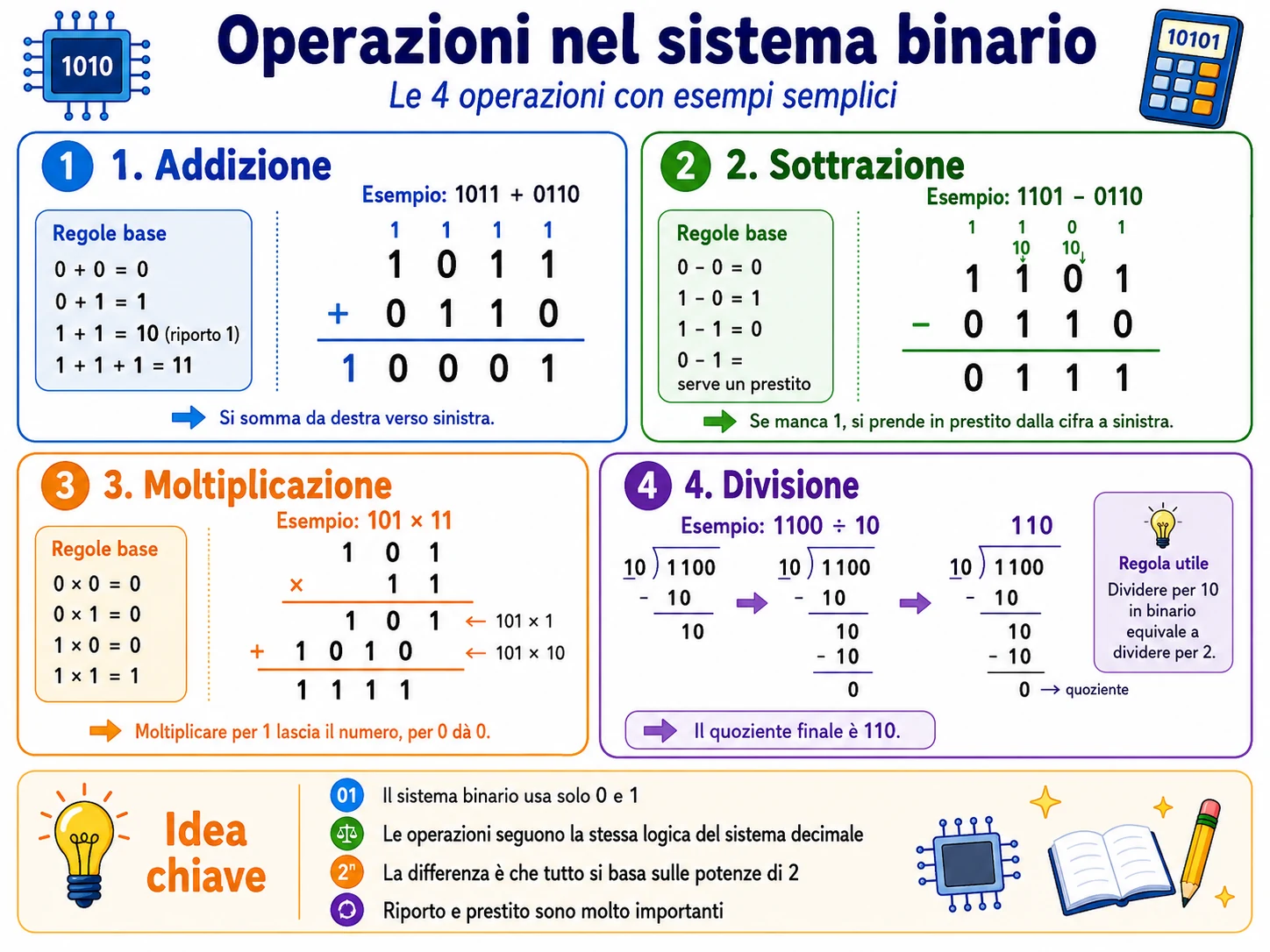 Infographic showing addition, subtraction, multiplication and division in binary