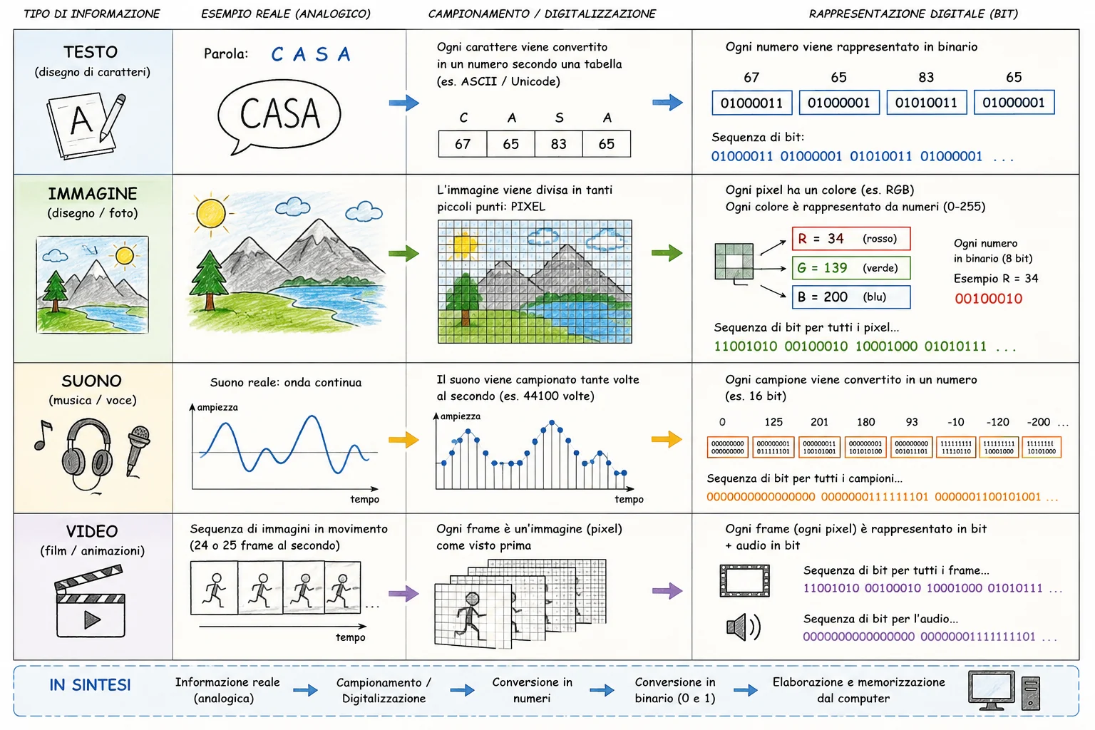 Diagram showing how text, images, sound and video are converted into numbers and bits