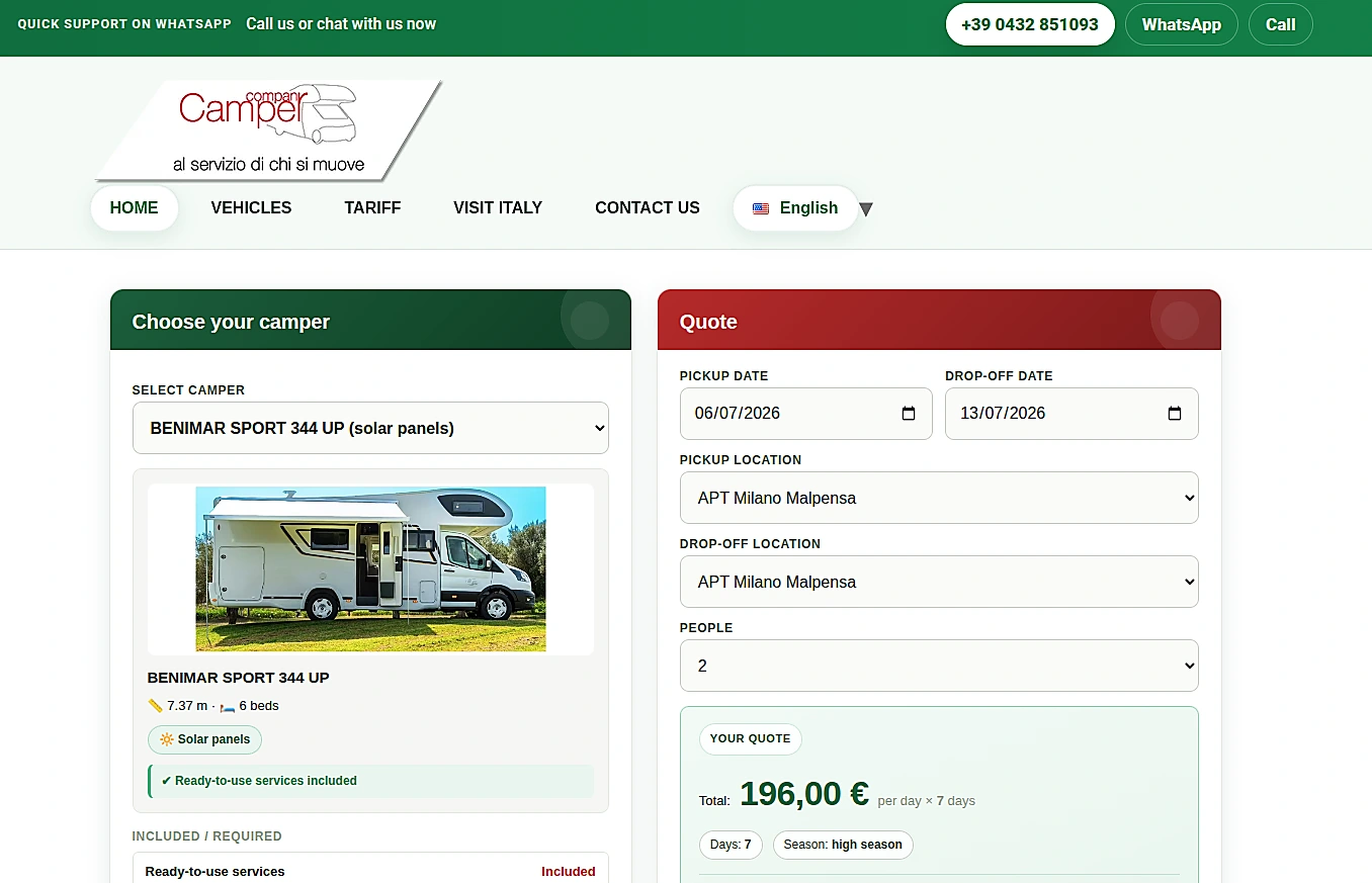 Vista previa del sitio Camper Company Italy con presupuestador online